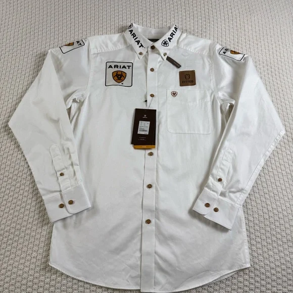 NEW Ariat Men's White Button Down Shirt w Logo Accents DISCONTINUED MODEL Sz S - Picture 1 of 16